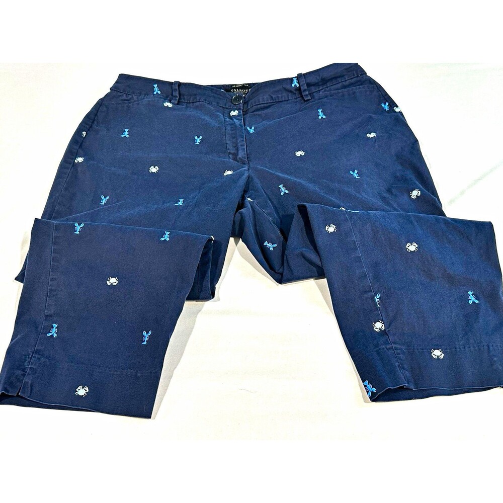 Talbots Perfect Crop Pants 14WP Navy Lobster Crab Embroidered Nautical Coastal